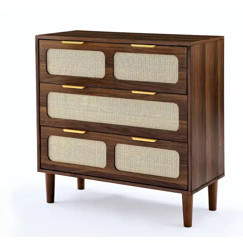 Commode 3 tiroirs en rotin, large commode en bois avec poignées en métal