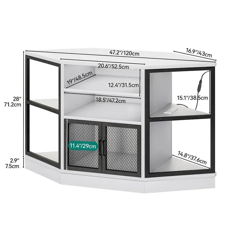 Meuble TV d'angle avec armoires de rangement et éclairage LED - 119 cm de large