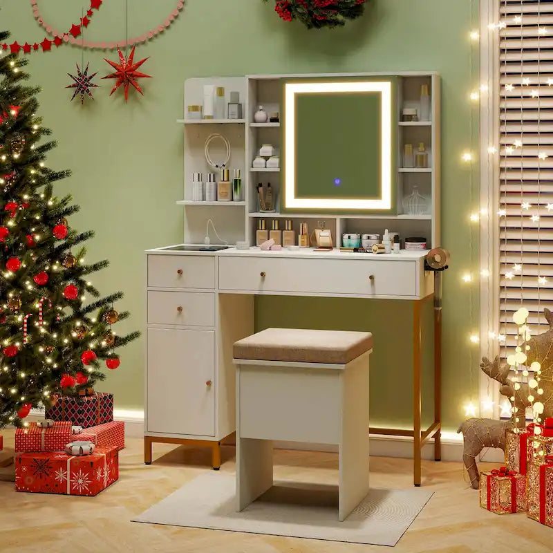 Coiffeuse avec miroir lumineux et station de charge - Blanc et doré