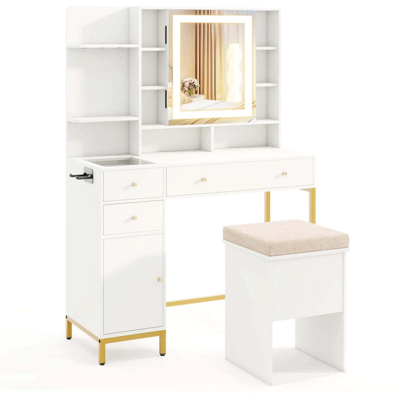Coiffeuse avec miroir lumineux et station de charge - Blanc et doré
