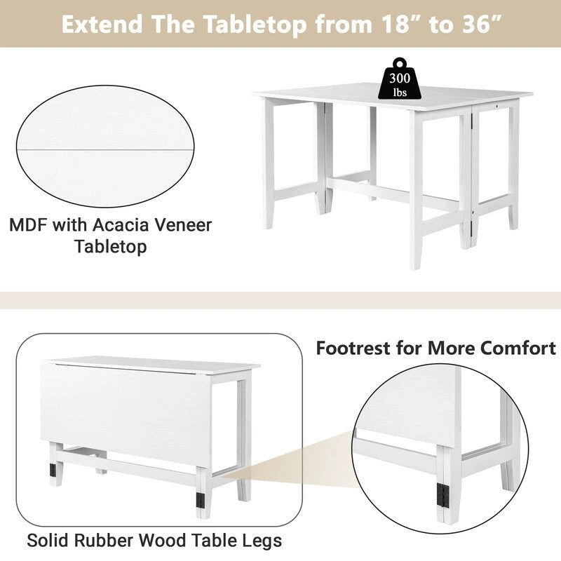 Table de salle à manger à abattants - Design fermette gain de place avec plateau en bois extensible