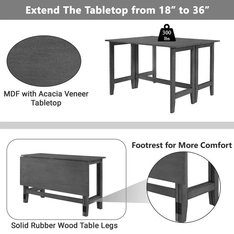 Table de salle à manger à abattants - Design fermette gain de place avec plateau en bois extensible