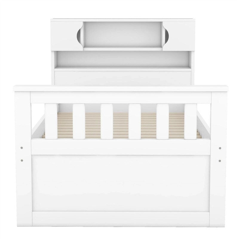 Lit plateforme simple/double avec 4 tiroirs et tête de lit bibliothèque de rangement