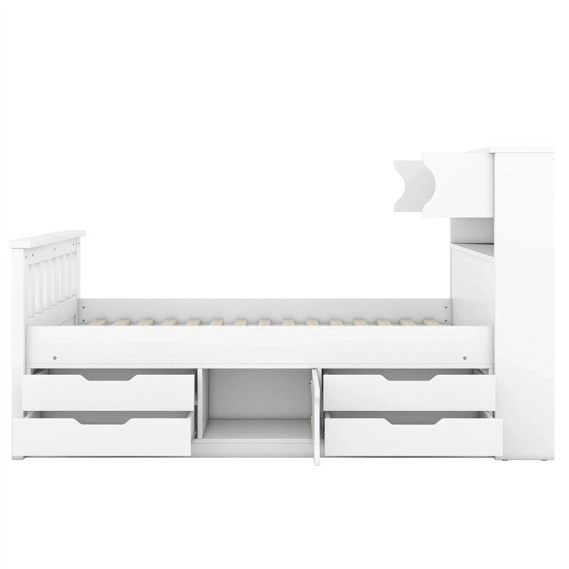Lit plateforme simple/double avec 4 tiroirs et tête de lit bibliothèque de rangement