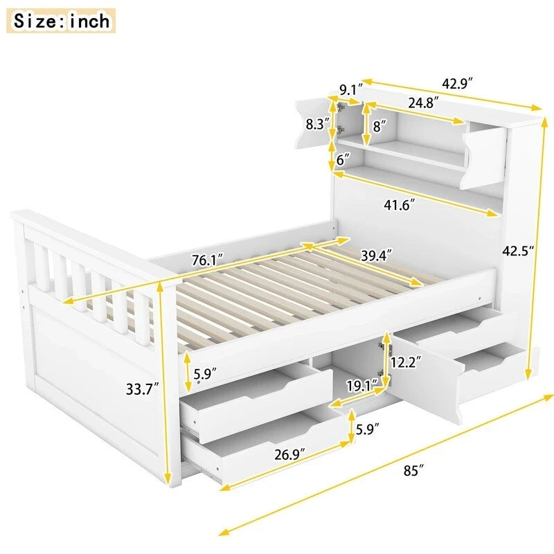 Lit plateforme simple/double avec 4 tiroirs et tête de lit bibliothèque de rangement