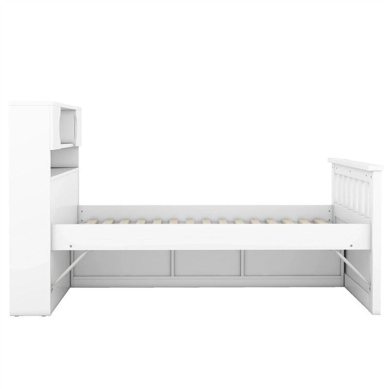Lit plateforme simple/double avec 4 tiroirs et tête de lit bibliothèque de rangement