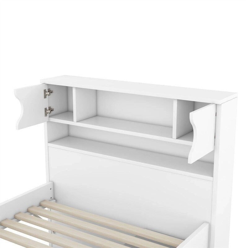 Lit plateforme simple/double avec 4 tiroirs et tête de lit bibliothèque de rangement