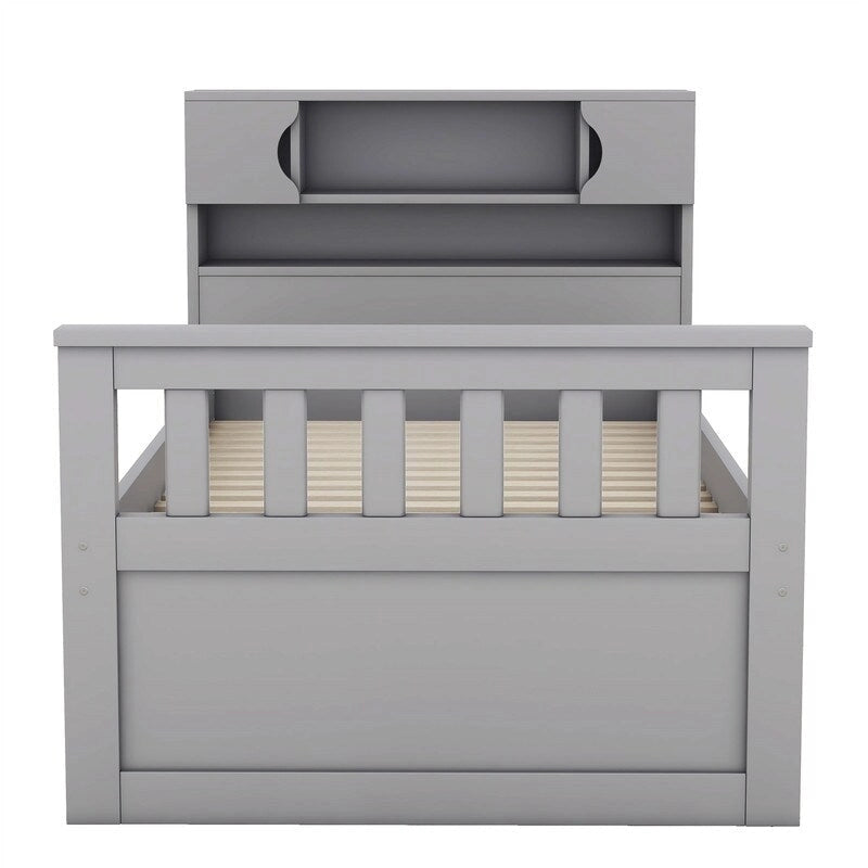 Lit plateforme simple/double avec 4 tiroirs et tête de lit bibliothèque de rangement