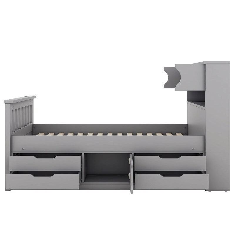 Lit plateforme simple/double avec 4 tiroirs et tête de lit bibliothèque de rangement
