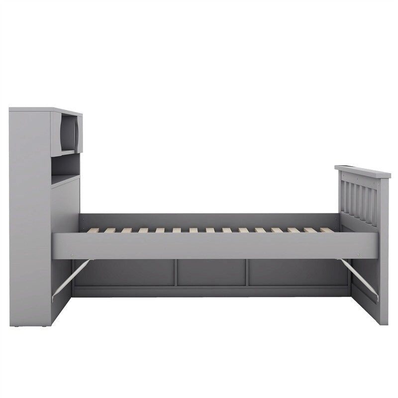 Lit plateforme simple/double avec 4 tiroirs et tête de lit bibliothèque de rangement