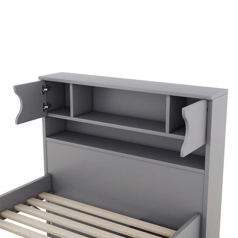 Lit plateforme simple/double avec 4 tiroirs et tête de lit bibliothèque de rangement