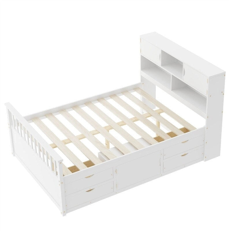 Lit plateforme simple/double avec 4 tiroirs et tête de lit bibliothèque de rangement