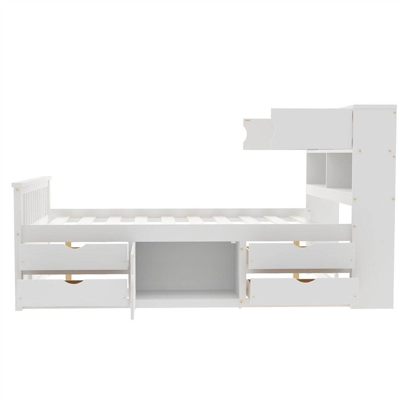 Lit plateforme simple/double avec 4 tiroirs et tête de lit bibliothèque de rangement