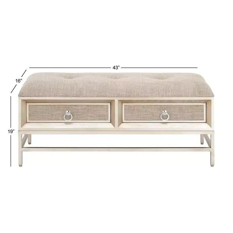Banc de rangement contemporain en lin - Rembourrage capitonné, cadre en fer et bois, pieds en acier inoxydable, 2 places