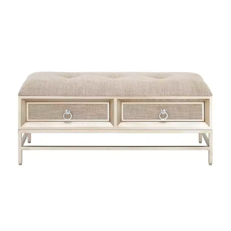 Banc de rangement contemporain en lin - Rembourrage capitonné, cadre en fer et bois, pieds en acier inoxydable, 2 places