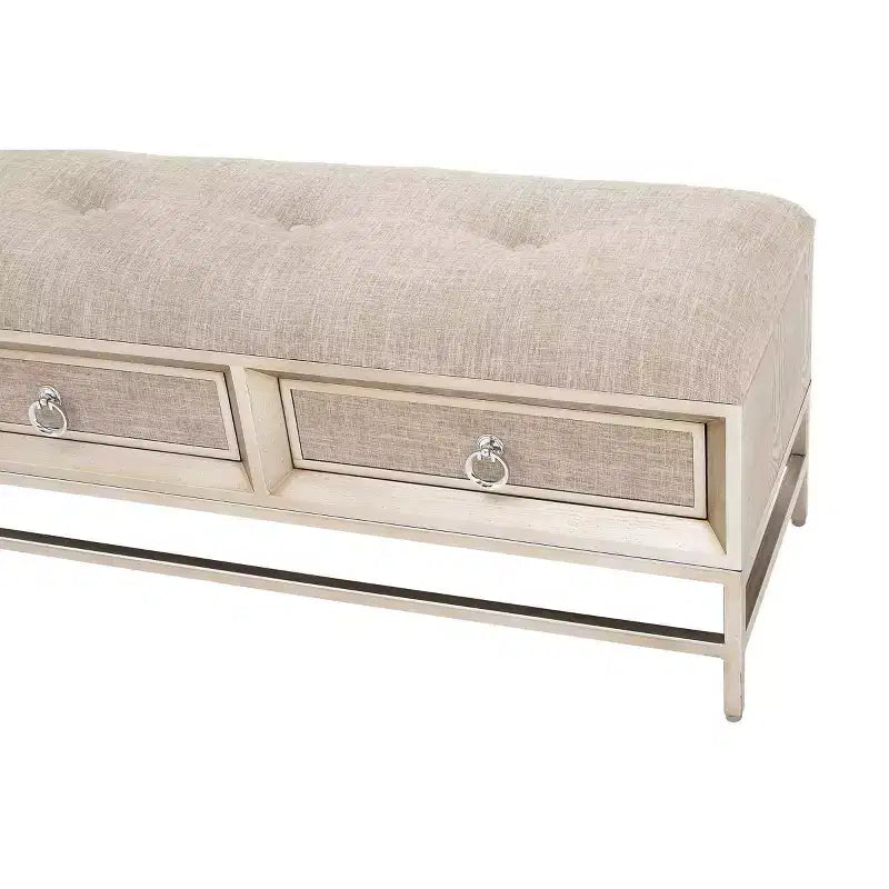 Banc de rangement contemporain en lin - Rembourrage capitonné, cadre en fer et bois, pieds en acier inoxydable, 2 places