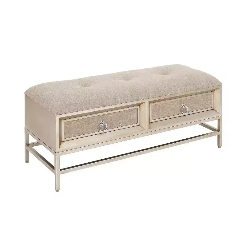 Banc de rangement contemporain en lin - Rembourrage capitonné, cadre en fer et bois, pieds en acier inoxydable, 2 places