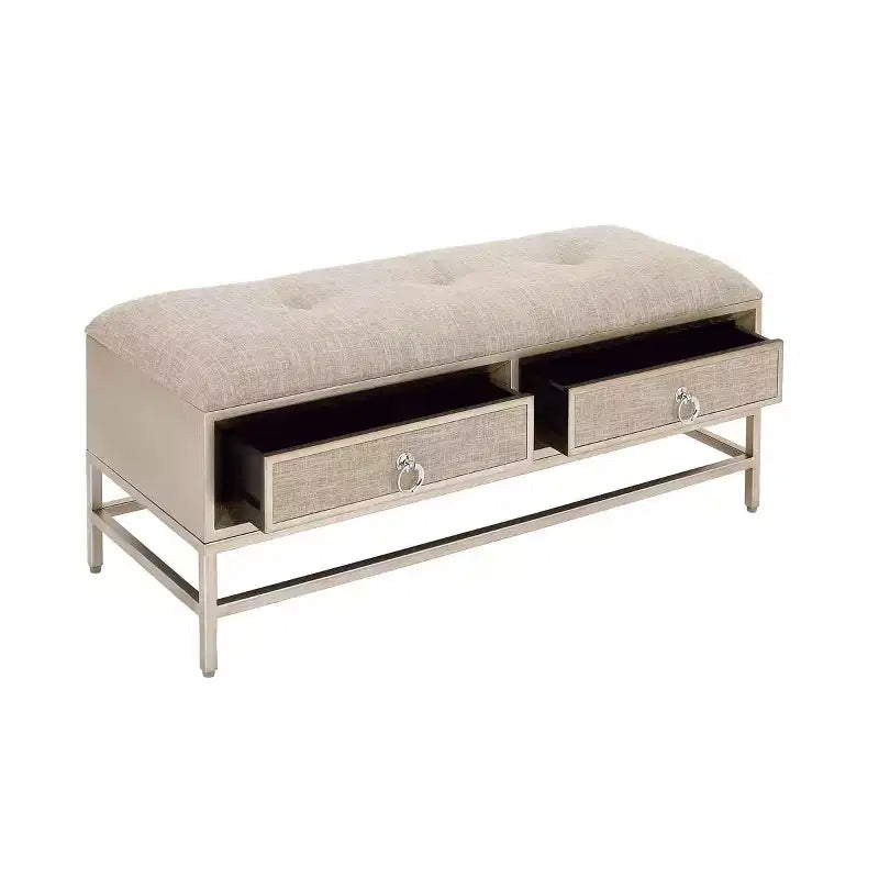 Banc de rangement contemporain en lin - Rembourrage capitonné, cadre en fer et bois, pieds en acier inoxydable, 2 places
