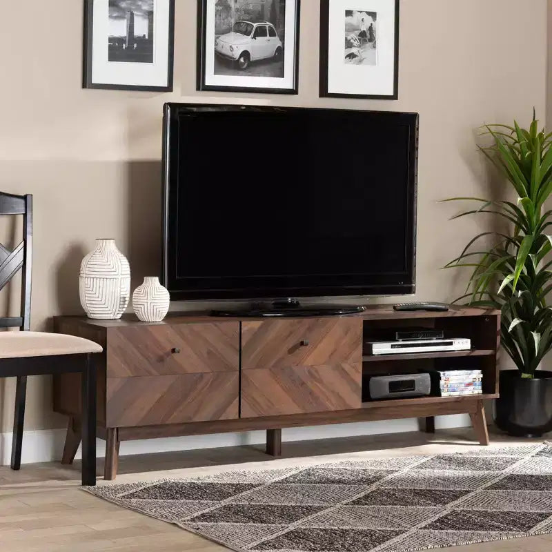 Meuble TV en bois pour téléviseurs jusqu'à 60 pouces Noyer brun - Meuble de divertissement avec rangement