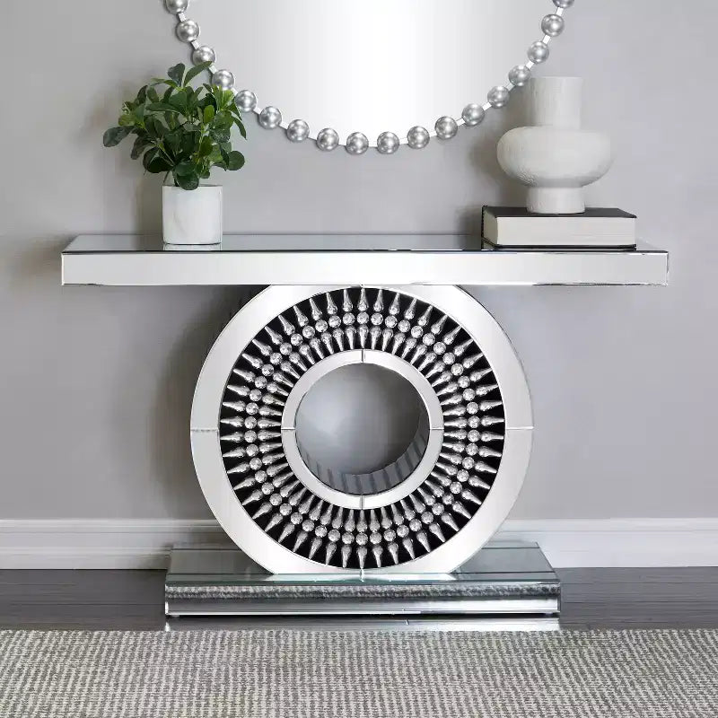 Console en verre et cristal Glam Argent - Meuble d'entrée de luxe, sans tiroirs