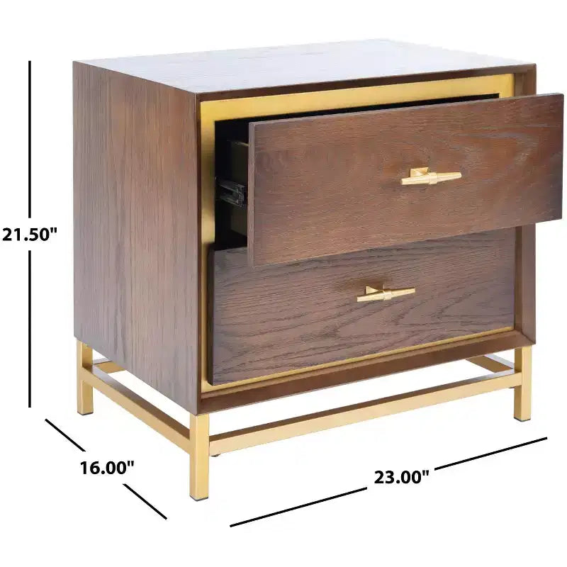 Table de chevet à 2 tiroirs avec accents en laiton