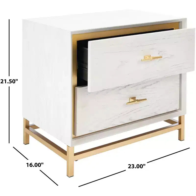 Table de chevet à 2 tiroirs avec accents en laiton