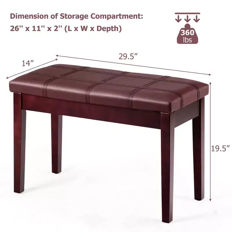 Banc de piano en bois massif avec revêtement en cuir PU, siège de clavier rembourré double duo avec rangement - Marron