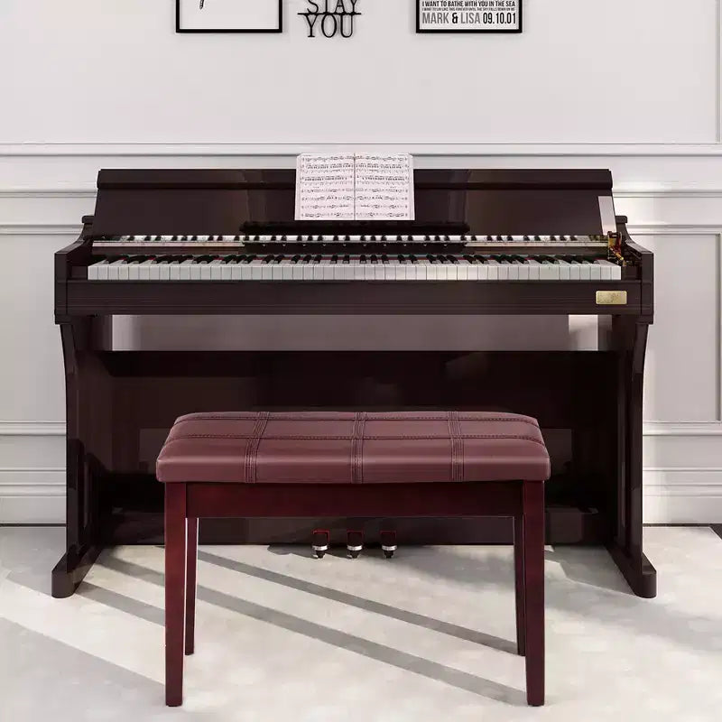Banc de piano en bois massif avec revêtement en cuir PU, siège de clavier rembourré double duo avec rangement - Marron
