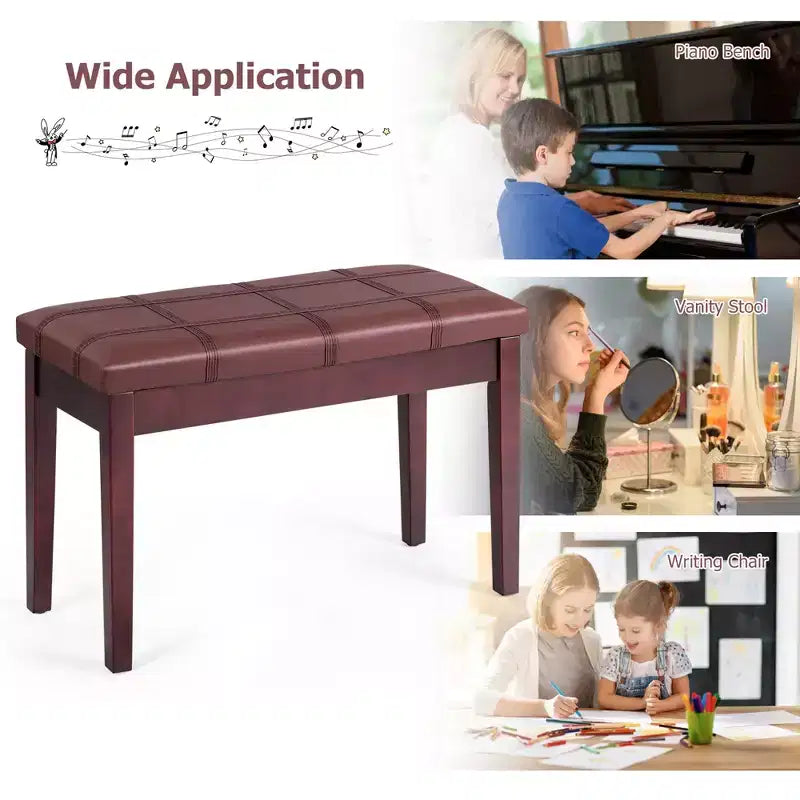 Banc de piano en bois massif avec revêtement en cuir PU, siège de clavier rembourré double duo avec rangement - Marron