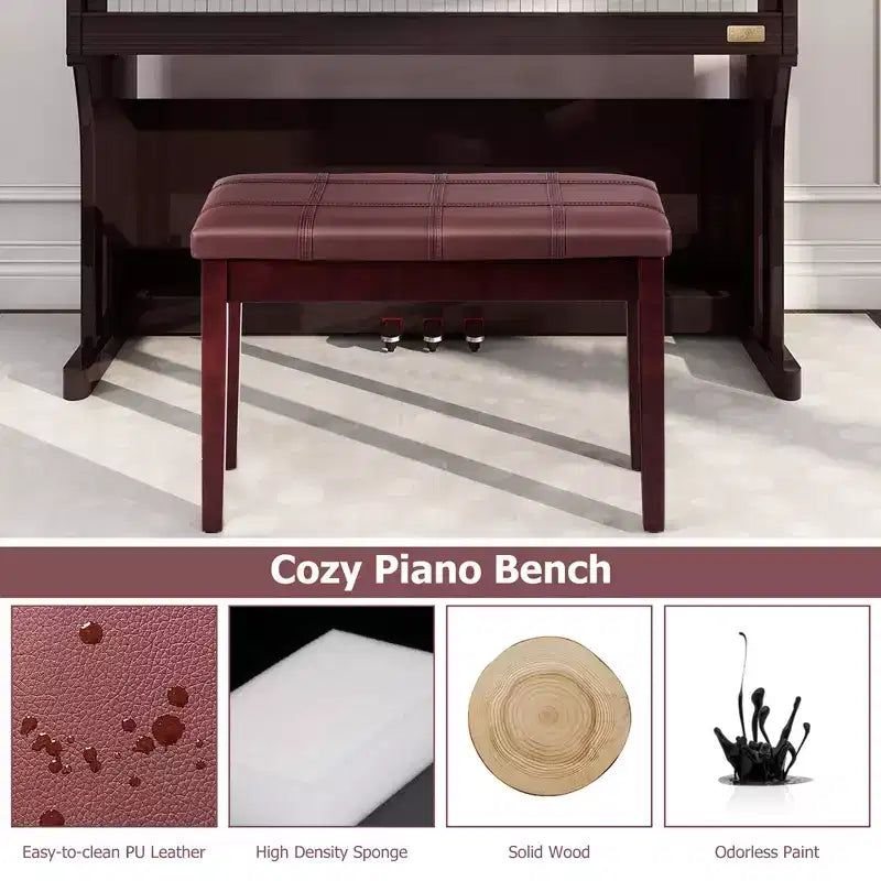 Banc de piano en bois massif avec revêtement en cuir PU, siège de clavier rembourré double duo avec rangement - Marron