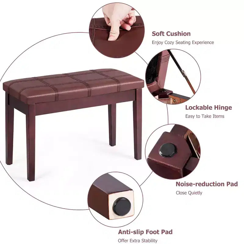 Banc de piano en bois massif avec revêtement en cuir PU, siège de clavier rembourré double duo avec rangement - Marron