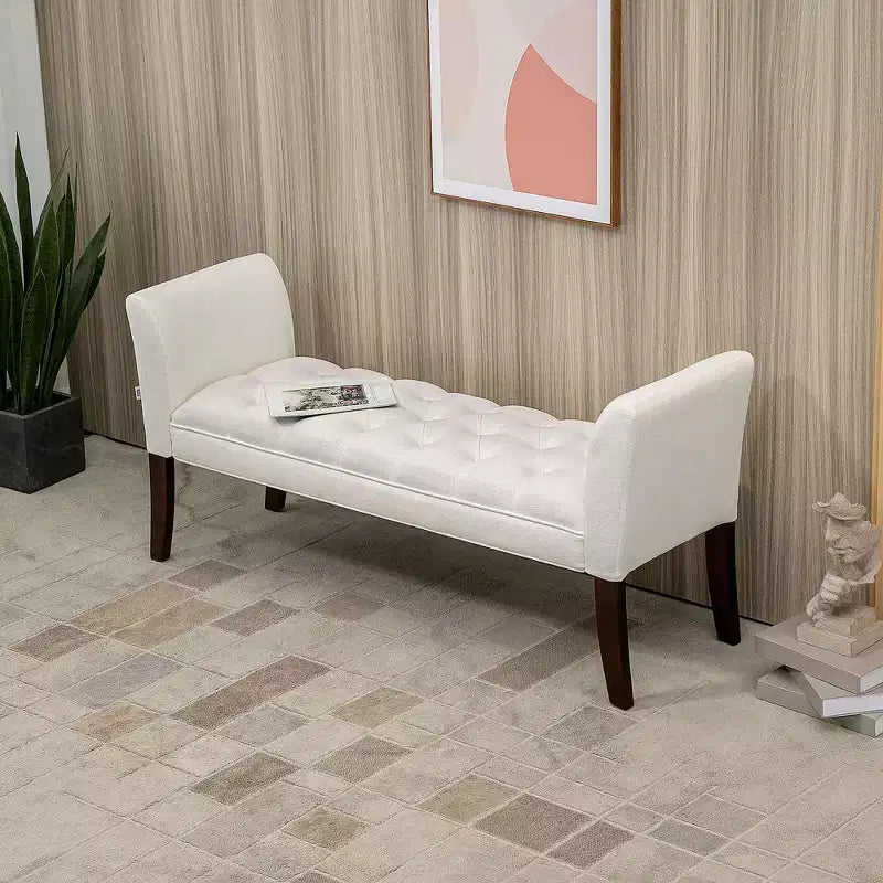 Banc de bout de lit capitonné avec accoudoirs et pieds en bois massif