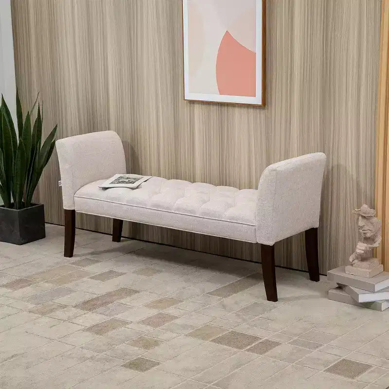 Banc de bout de lit capitonné avec accoudoirs et pieds en bois massif