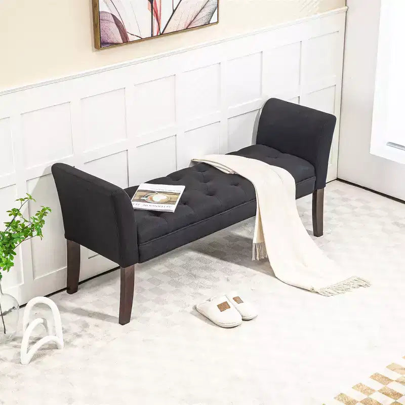 Banc de bout de lit capitonné avec accoudoirs et pieds en bois massif