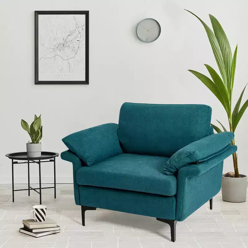 Fauteuil d'appoint en tissu moderne, canapé simple rembourré avec pieds en métal bleu/gris