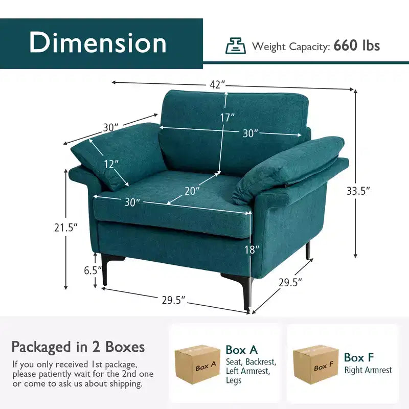 Fauteuil d'appoint en tissu moderne, canapé simple rembourré avec pieds en métal bleu/gris