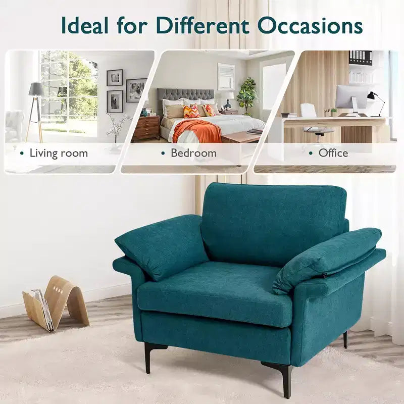 Fauteuil d'appoint en tissu moderne, canapé simple rembourré avec pieds en métal bleu/gris