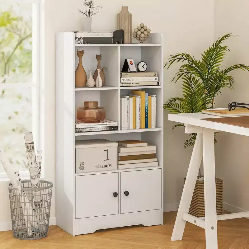 Étagère Bibliothèque Autoportante avec Portes, 2 Commodes de Rangement, 5 Compartiments Cubes et Kits Anti-Basculement