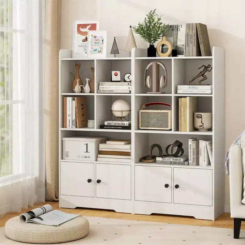 Étagère Bibliothèque Autoportante avec Portes, 2 Commodes de Rangement, 5 Compartiments Cubes et Kits Anti-Basculement