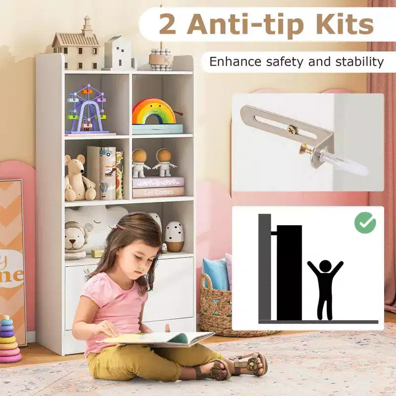 Étagère Bibliothèque Autoportante avec Portes, 2 Commodes de Rangement, 5 Compartiments Cubes et Kits Anti-Basculement