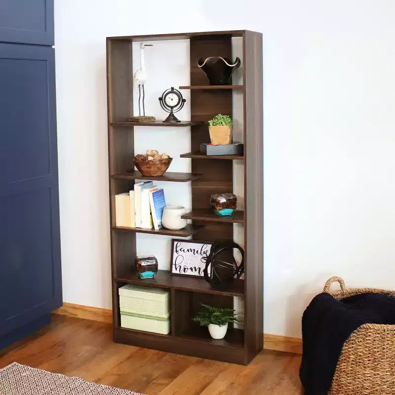 Étagère ouverte à 9 niveaux avec tablettes décalées – Brun café