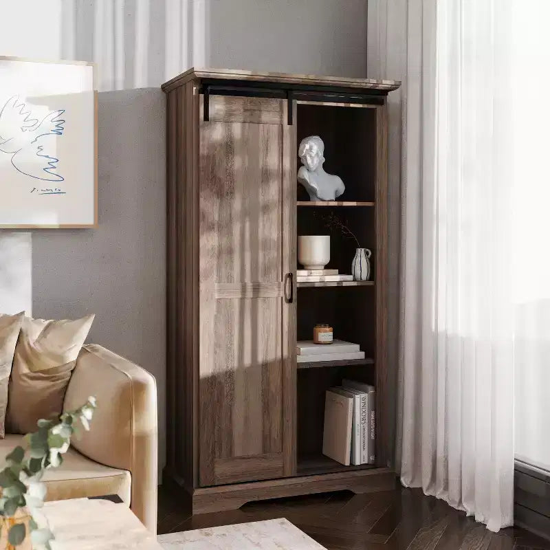 Meuble de rangement de style ferme avec porte coulissante, hauteur réglable et étagères fixes