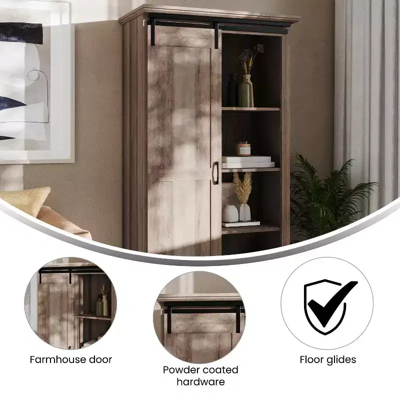 Meuble de rangement de style ferme avec porte coulissante, hauteur réglable et étagères fixes
