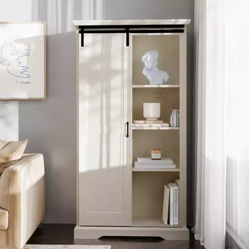 Meuble de rangement de style ferme avec porte coulissante, hauteur réglable et étagères fixes