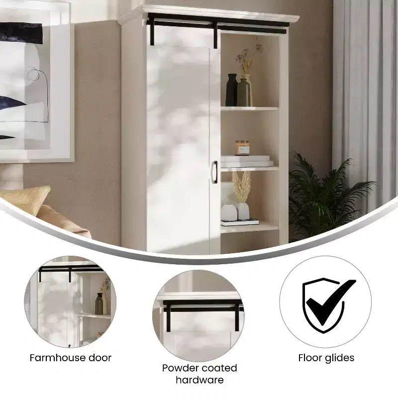 Meuble de rangement de style ferme avec porte coulissante, hauteur réglable et étagères fixes