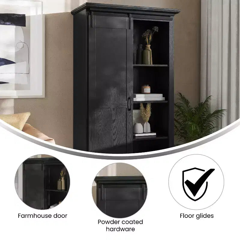 Meuble de rangement de style ferme avec porte coulissante, hauteur réglable et étagères fixes