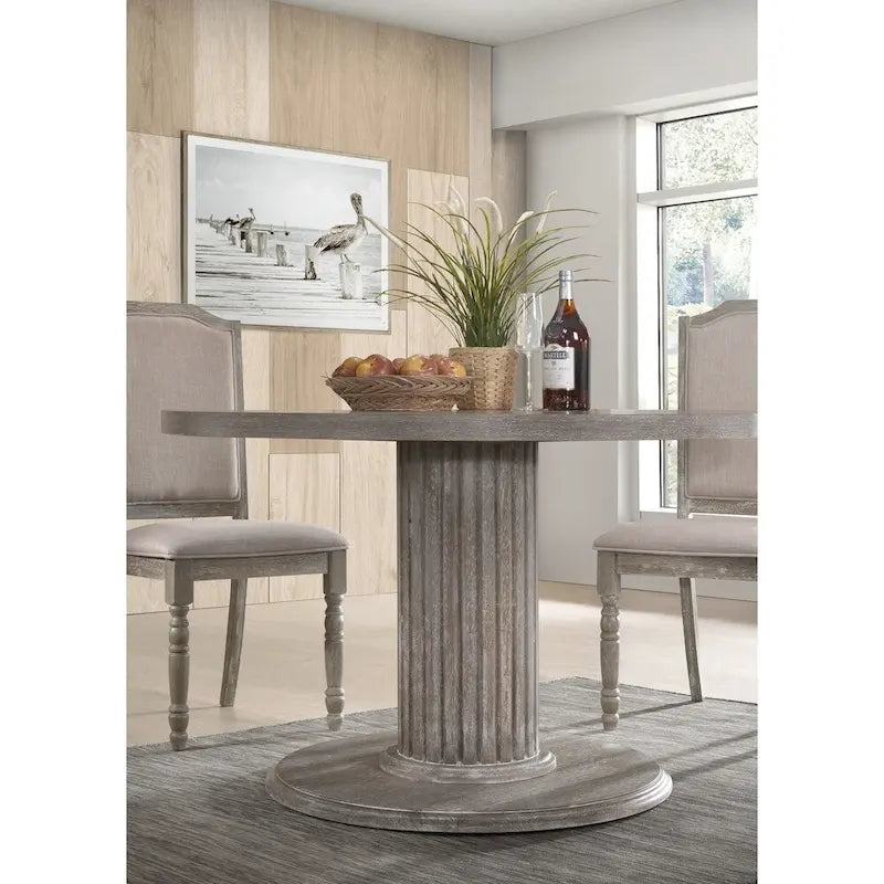 Table de salle à manger à pied central en bois recyclé gris