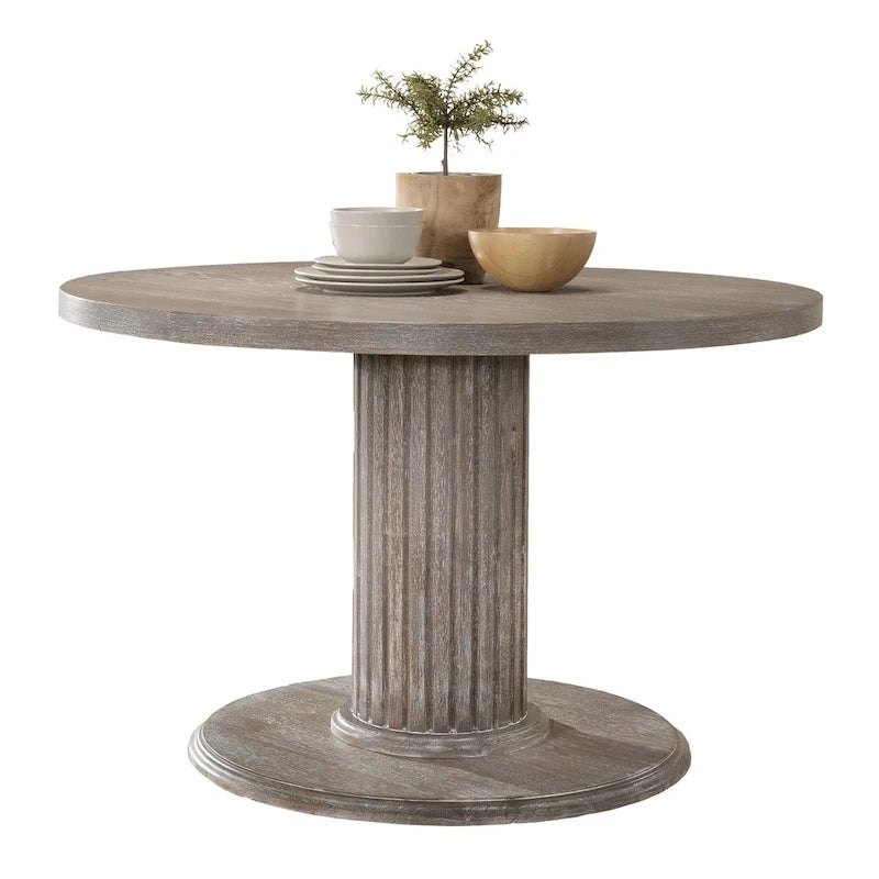 Table de salle à manger à pied central en bois recyclé gris