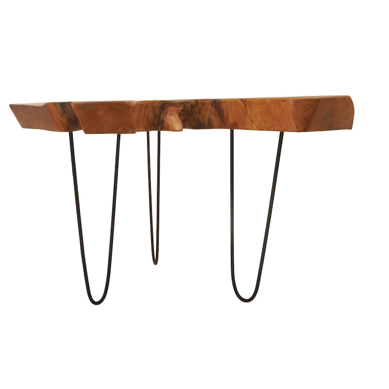 Table basse en bois faite à la main avec plateau à bords naturels et pieds épingles en métal noir