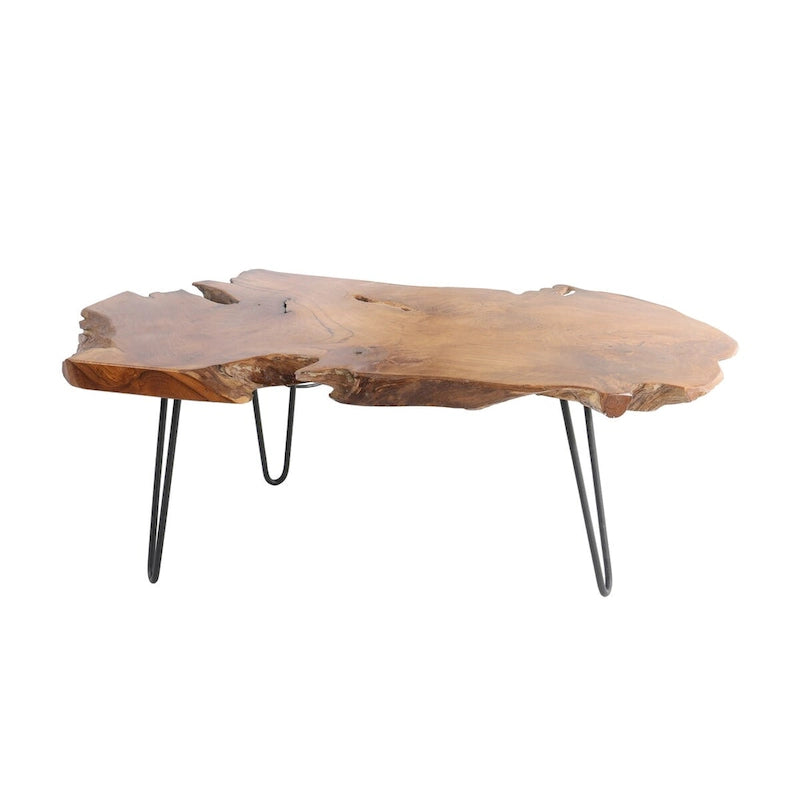 Table basse en bois faite à la main avec plateau à bords naturels et pieds épingles en métal noir